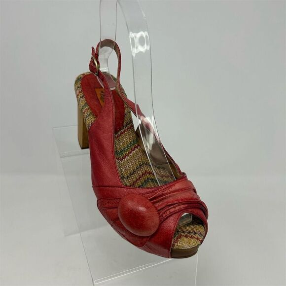 Miz Mooz Violin Red Leather Slingback Peep Toe Pumps Size 6 Button Detail - Picture 2 of 13